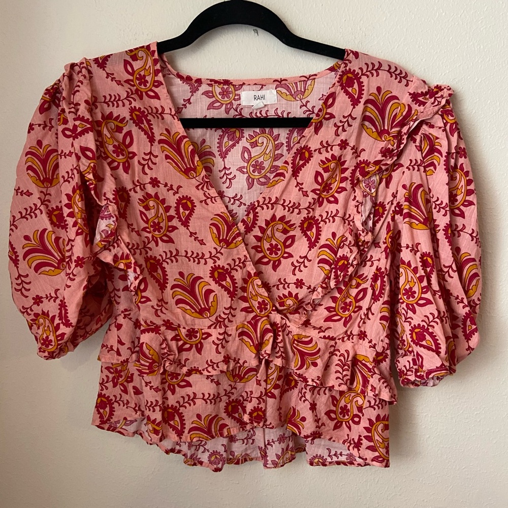 RAHI Pink Paisley Ruffle Wrap Top Medium Puff Sleeve Boho Cotton Blouse